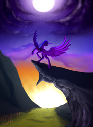 Size: 1280x1760 | Tagged: safe, artist:xormak, derpibooru import, twilight sparkle, twilight sparkle (alicorn), alicorn, pony, female, mare, moon, rearing, scenery, solo, spread wings, sun, twilight (astronomy)