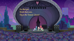 Size: 1024x569 | Tagged: safe, artist:didgereethebrony, big macintosh, fluttershy, rarity, toe-tapper, torch song, earth pony, pegasus, pony, unicorn, abba, audience, crowd, curtains, dancing queen, female, male, mare, night, ponytones, ponytones outfit, singing, song reference, speakers, stage, stallion, stars, tree