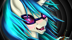 Size: 4000x2250 | Tagged: safe, artist:oneofyouare, dj pon-3, vinyl scratch, anthro, solo, tongue piercing