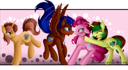 Size: 5787x3193 | Tagged: safe, artist:julunis14, pinkie pie, oc, oc:nimble wing, oc:northern spring, oc:spectrum lighting, earth pony, pegasus, pony, unicorn, blushing, boop, canon x oc, eyes closed, female, forced shipping, freckles, group, imminent kissing, jewelry, male, necklace, noseboop, pushing, shipper on deck, shipping, simple background, transparent background, ych result