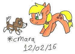 Size: 733x529 | Tagged: safe, artist:cmara, applejack, winona, dog, earth pony, pony, female, filly, filly applejack, puppy, traditional art, younger