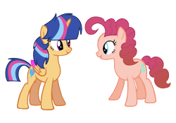 Size: 1192x832 | Tagged: safe, artist:thesmall-artist, pinkie pie, oc, oc only, oc:candy pie, oc:magic shield, alicorn, earth pony, pony, duo, female, mare, next generation, offspring, parent:cheese sandwich, parent:flash sentry, parent:pinkie pie, parent:twilight sparkle, parents:cheesepie, parents:flashlight, simple background, transparent background