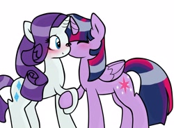 Size: 2300x1692 | Tagged: safe, artist:luckyshy, derpibooru import, rarity, twilight sparkle, twilight sparkle (alicorn), alicorn, pony, unicorn, blushing, female, holding hooves, kiss on the cheek, kissing, lesbian, mare, rarilight, shipping