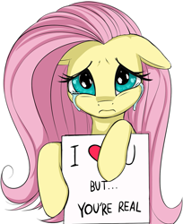 Size: 873x1068 | Tagged: safe, artist:coinpo, derpibooru exclusive, fluttershy, pegasus, pony, 3:, bronybait, crying, cute, female, fiction ensues, floppy ears, frown, heart, hoof hold, looking at you, mare, reality ensues, reality sucks, sad, shyabetes, sign, simple background, solo, white background, why live?