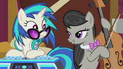 Size: 1280x720 | Tagged: safe, screencap, dj pon-3, octavia melody, vinyl scratch, earth pony, pony, slice of life (episode), cute, eye contact, feminism, octavsass, out of context, tavibetes, vinyl sass, vinylbetes