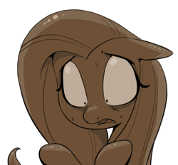 Size: 379x352 | Tagged: safe, artist:shoutingisfun, fluttershy, chocolate pony, food pony, original species, pegasus, pony, female, floppy ears, food, implied transformation, mare, monochrome, nervous, open mouth, raised hoof, shrunken pupils, simple background, solo, sweat, white background