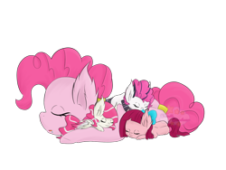 Size: 1024x768 | Tagged: safe, artist:twinklestardream, pinkie pie, oc, oc:bubblegum, oc:cherry pancake, oc:fionna frosting, earth pony, pegasus, pony, drool, female, filly, half-siblings, interspecies offspring, magical lesbian spawn, offspring, parent:cheese sandwich, parent:discord, parent:fluttershy, parent:pinkie pie, parents:cheesepie, parents:discopie, parents:flutterpie, simple background, sleeping, transparent background, watermark