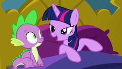 Size: 1280x720 | Tagged: safe, derpibooru import, screencap, spike, twilight sparkle, twilight sparkle (alicorn), alicorn, dragon, do princesses dream of magic sheep, bed, tonight you