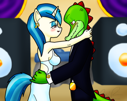 Size: 1582x1268 | Tagged: safe, artist:sonigoku, dj pon-3, vinyl scratch, anthro, blushing, crossover, crossover shipping, female, male, sonic the hedgehog (series), straight, vector the crocodile, vectorvinyl, wedding