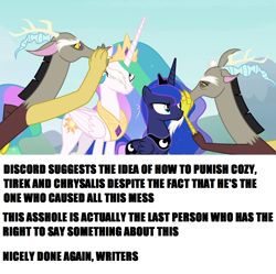 Size: 1364x1360 | Tagged: safe, edit, edited screencap, screencap, discord, princess celestia, princess luna, alicorn, draconequus, pony, the ending of the end, cropped, discord drama, impact font, leak, meme, op has a point, self paradox