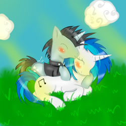 Size: 720x720 | Tagged: safe, artist:littlesekhmet, dj pon-3, neon lights, rising star, vinyl scratch, pony, unicorn, backwards cutie mark, blushing, cloud, cuddling, female, field, male, shipping, snuggling, straight, vinylights