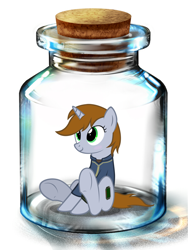 Size: 600x800 | Tagged: safe, artist:songbreeze741, oc, oc only, oc:littlepip, pony, unicorn, fallout equestria, bottle, clothes, cutie mark, fallout, fanfic, fanfic art, female, hooves, horn, jar, mare, pipbuck, pony in a bottle, simple background, sitting, smiling, solo, vault suit, white background