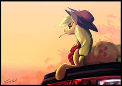 Size: 1842x1303 | Tagged: safe, artist:sakuracheetah, applejack, earth pony, pony, bandana, prone, solo, straw, sunset