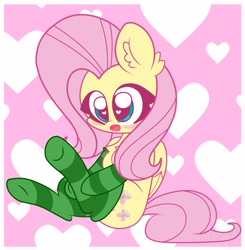 Size: 3008x3064 | Tagged: safe, artist:kittyrosie, fluttershy, pegasus, pony, blush sticker, blushing, chest fluff, chibi, clothes, cute, ear fluff, female, heart eyes, looking at you, mare, open mouth, shyabetes, socks, solo, striped socks, wingding eyes