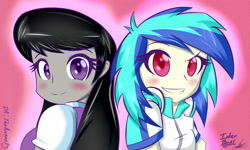 Size: 2500x1500 | Tagged: safe, artist:thearcano13, dj pon-3, octavia melody, vinyl scratch, equestria girls, cute, female, lesbian, scratchtavia, shipping, tavibetes, vinylbetes