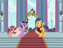 Size: 1024x768 | Tagged: safe, artist:turnaboutart, flash sentry, scootaloo, scooteroll, twilight sparkle, twilight sparkle (alicorn), alicorn, alternate hairstyle, base used, bowtie, clothes, dress, female, flashlight, male, marriage, mother and child, mother and son, parent and child, requested art, rule 63, shipping, straight, tuxedo, wedding, wedding dress