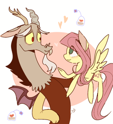 Size: 900x991 | Tagged: safe, artist:sansdy, discord, fluttershy, draconequus, pegasus, pony, discordant harmony, blushing, discoshy, female, ginseng teabags, heart, looking at each other, male, mare, shipping, smiling, spread wings, straight, teabag, wings