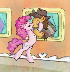 Size: 876x900 | Tagged: safe, artist:arimovergremrider, cheese sandwich, pinkie pie, earth pony, pony, cheesepie, female, kissing, male, shipping, straight, train, train station