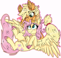 Size: 738x696 | Tagged: safe, artist:wanderingpegasus, applejack, fluttershy, earth pony, pegasus, pony, appleshy, blushing, ear fluff, female, fluffy, heart, lesbian, mare, shipping, simple background, smiling, spread wings, transparent background, unshorn fetlocks, wings