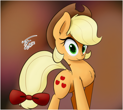 Size: 1280x1138 | Tagged: safe, artist:tg1117, applejack, earth pony, pony, alternate hairstyle, bow, chest fluff, cute, jackabetes, looking at you, solo, tail bow