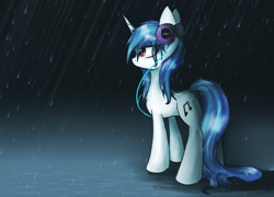 Size: 1500x1079 | Tagged: safe, artist:irigulus, dj pon-3, vinyl scratch, pony, unicorn, headphones, rain, solo, wet, wet mane