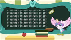 Size: 1920x1080 | Tagged: safe, screencap, applejack, princess flurry heart, earth pony, pony, a flurry of emotions, all work and no play makes jack a dull boy, exploitable meme, flurry art, flurry heart's chalkboard, meme, solo, the shining