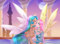 Size: 3104x2272 | Tagged: safe, artist:minelvi, fluttershy, princess celestia, human, female, flutterlestia, humanized, lesbian, shipping, winged humanization, wings