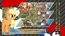 Size: 951x526 | Tagged: safe, artist:alphamonouryuuken, applejack, earth pony, pony, ambipom, arcanine, bouffalant, crossover, hitmontop, pangoro, pokémon, sceptile, trainer card