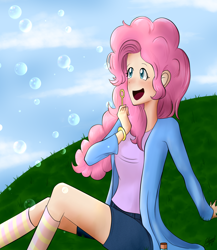 Size: 1300x1500 | Tagged: safe, artist:rmariansj, pinkie pie, human, bubble, clothes, humanized, smiling, solo