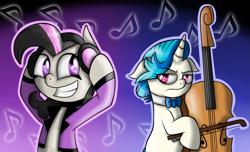 Size: 1773x1077 | Tagged: safe, artist:kleineluhnar, idw, dj pon-3, octavia melody, vinyl scratch, earth pony, pony, bowtie, cello, headphones, mirror universe, musical instrument, opposite day, rocktavia, role reversal, vinyl class, violincello