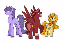 Size: 3000x2000 | Tagged: safe, artist:kianamai, oc, oc only, oc:amber lily, oc:hot head, oc:lucky star, earth pony, pegasus, pony, unicorn, kilalaverse, male, next generation, offspring, parent:oc:candle wick, parent:oc:day dream, parent:oc:flashpoint, parent:oc:fortune hunter, parent:oc:herb, parent:oc:isis quartz, parents:oc x oc, raised hoof, simple background, smiling, spread wings, stallion, unshorn fetlocks, white background, wings