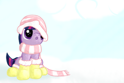 Size: 1600x1067 | Tagged: safe, artist:dappercat-uk, derpibooru import, twilight sparkle, boots, clothes, cute, filly, hat, oversized clothes, scarf, snow, solo, twiabetes