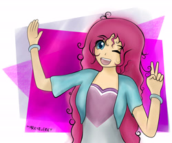 Size: 6000x5000 | Tagged: safe, artist:marcyeveret, pinkie pie, human, absurd resolution, equestria girls outfit, humanized, messy hair, one eye closed, smiling, solo