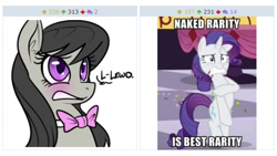 Size: 621x350 | Tagged: safe, artist:reiduran, derpibooru import, octavia melody, rarity, earth pony, pony, unicorn, blushing, derpibooru, exploitable meme, juxtaposition, juxtaposition win, meme, meta, naked rarity