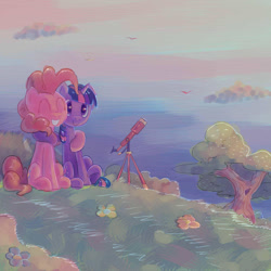 Size: 1200x1200 | Tagged: safe, artist:silfidum, derpibooru import, pinkie pie, twilight sparkle, earth pony, pony, eyes closed, female, grass, lesbian, shipping, telescope, twinkie