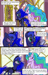 Size: 1989x3072 | Tagged: safe, artist:docwario, princess celestia, princess luna, alicorn, pony, comic:royal chores, angry, comic, eyes closed, jewelry, necklace, open mouth, royal sisters, speech bubble