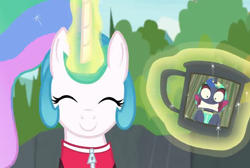 Size: 958x644 | Tagged: safe, screencap, princess celestia, princess luna, alicorn, pony, between dark and dawn, alternate hairstyle, cheerful, cute, cutelestia, glowing horn, horn, levitation, magic, mug, photo, solo, souvenir, telekinesis, this will come back to haunt