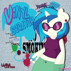 Size: 1296x1296 | Tagged: safe, artist:pinksaphires, dj pon-3, vinyl scratch, anthro, belly button, midriff, solo