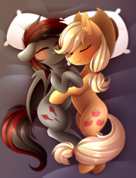 Size: 3000x3900 | Tagged: safe, artist:scarlet-spectrum, applejack, oc, bat pony, earth pony, pony, bed, blushing, canon x oc, commission, cowboy hat, cuddling, cute, female, hat, jackabetes, lesbian, mare, pillow, sleeping, smiling, stetson