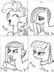 Size: 1920x2560 | Tagged: safe, artist:mayorlight, limestone pie, marble pie, maud pie, pinkie pie, pony, eyes closed, gritted teeth, ink drawing, monochrome, open mouth, pie sisters, raised hoof, siblings, sisters, traditional art