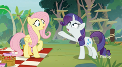 Size: 1656x923 | Tagged: safe, screencap, fluttershy, rarity, pegasus, pony, unicorn, fake it 'til you make it, marshmelodrama