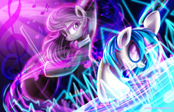 Size: 2000x1294 | Tagged: safe, artist:jadedjynx, dj pon-3, octavia melody, vinyl scratch, earth pony, pony, 100th episode, cello, classical, dubstep, musical instrument