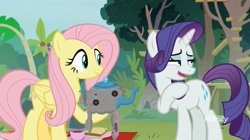 Size: 1655x926 | Tagged: safe, screencap, fluttershy, rarity, pegasus, pony, unicorn, fake it 'til you make it, duo, raised hoof