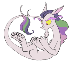 Size: 905x775 | Tagged: safe, artist:carnifex, oc, oc only, oc:dementia, hybrid, interspecies offspring, offspring, parent:discord, parent:princess celestia, parents:dislestia, simple background, solo, white background