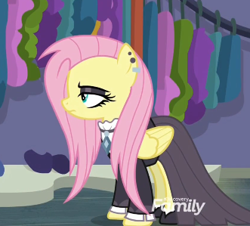 Size: 331x299 | Tagged: safe, screencap, fluttershy, pegasus, pony, fake it 'til you make it, clothes, cropped, discovery family logo, fluttergoth, goth, outfit, outfit catalog, skirt, solo