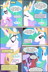 Size: 800x1200 | Tagged: safe, artist:newbiespud, edit, edited screencap, screencap, princess celestia, twilight sparkle, unicorn twilight, alicorn, pony, unicorn, collaboration, comic:friendship is dragons, big crown thingy, clothes, comic, cup, dialogue, dress, eyes closed, female, glowing horn, grin, horn, jewelry, looking down, looking up, magic, mare, peytral, princess dress, regalia, screencap comic, smiling, teacup, teapot, telekinesis