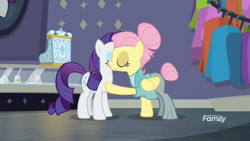 Size: 1920x1080 | Tagged: safe, screencap, fluttershy, rarity, pegasus, pony, unicorn, fake it 'til you make it, air kiss, clothes, discovery family logo, duo, eyes closed, female, hair bun, kiss on the cheek, kissing, la bise, mare, platonic kiss, raised hoof, rarity for you, severeshy