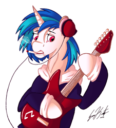 Size: 1514x1672 | Tagged: safe, artist:pinktonicponystudio, dj pon-3, vinyl scratch, pony, semi-anthro, unicorn, guitar, smoking, solo