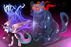 Size: 1280x854 | Tagged: safe, artist:nokrats, part of a set, princess celestia, alicorn, pony, ursa minor, alternate cutie mark, clothes, crossover, duo, female, glowing eyes, looking at you, mare, missing accessory, raised hoof, smiling, spread wings, suit, wings