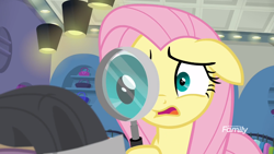 Size: 1366x768 | Tagged: safe, screencap, fluttershy, pegasus, pony, fake it 'til you make it, magnifying glass, solo